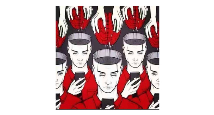 插画中一群人低头紧盯发红光手机，讽刺移动时代人们对手机社交与头像形象的高度依赖